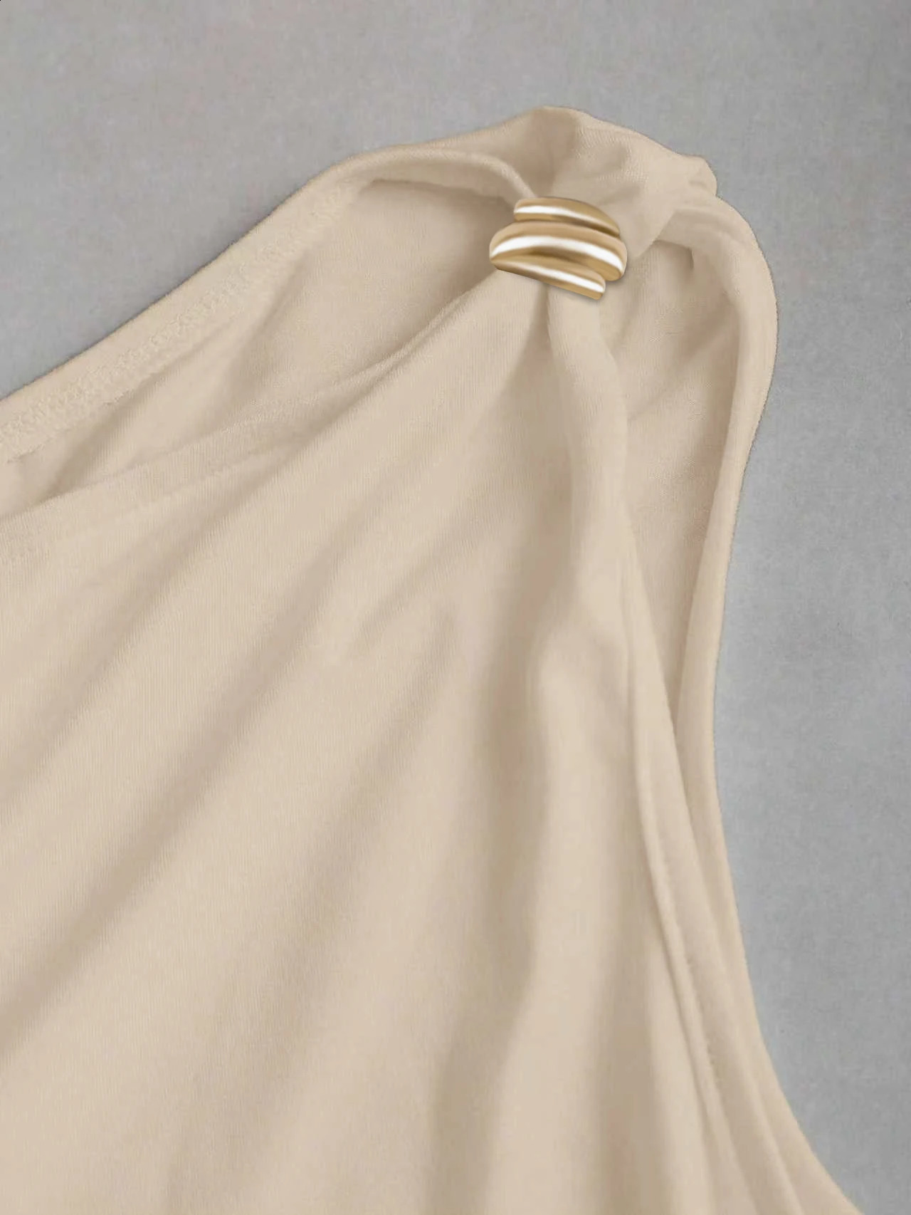 Women One Shoulder Ruched Bodysuit Gold Buckle Decor Sleeveless Form Fitting Jumpsuit 260618 - view 5