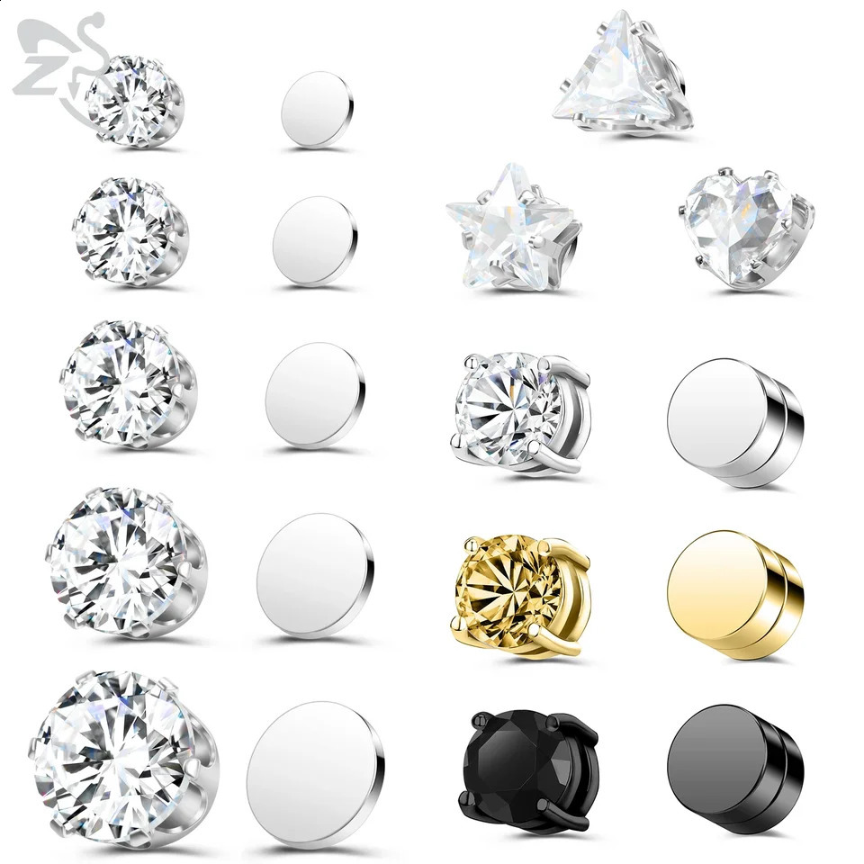 ZS 1 Piece Magnetic Clipon Earrings Star Heart Shape CZ Crystal Ear Clip No Piercing Stud Pierced Earring Jewelry 48MM 260623
