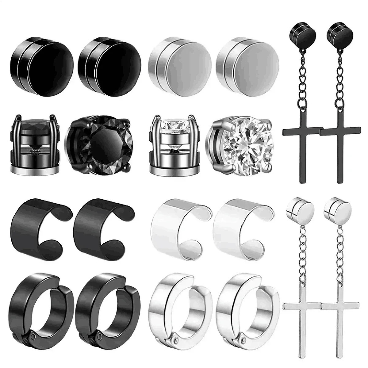 1 Pairs of Mens Fashionable Ear Hole Free Magnet Zircon Stainless Steel False Earring Set Unisex Non Piercing Clip Earrings 260623
