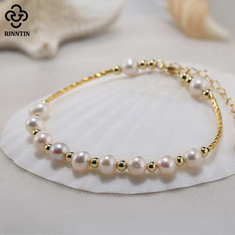 Rinntin Sexy Minimalism 14K Gold White Pearl Charm Bracelet Chain for Women Beads Hand Bangle Chain 925 Sterling Silver GPB31 260625 - view 5