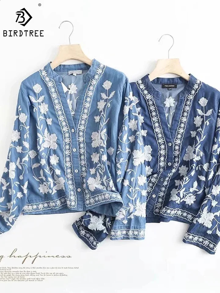 3/4 Sleeve Denim Shirt Womens Spring Summer Soft Jeans V Necks Floral Embroidery Blouses Thin Coat Tops 2026 T35432M 260626
