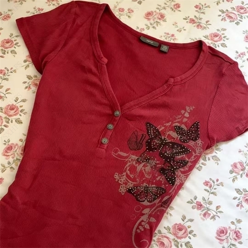 Y2k Red T shirt Aesthetic 2000s Girl Top Chic Vintage Clothes Slim Short Sleeve Summer Grunge Tees 260625 - view 5