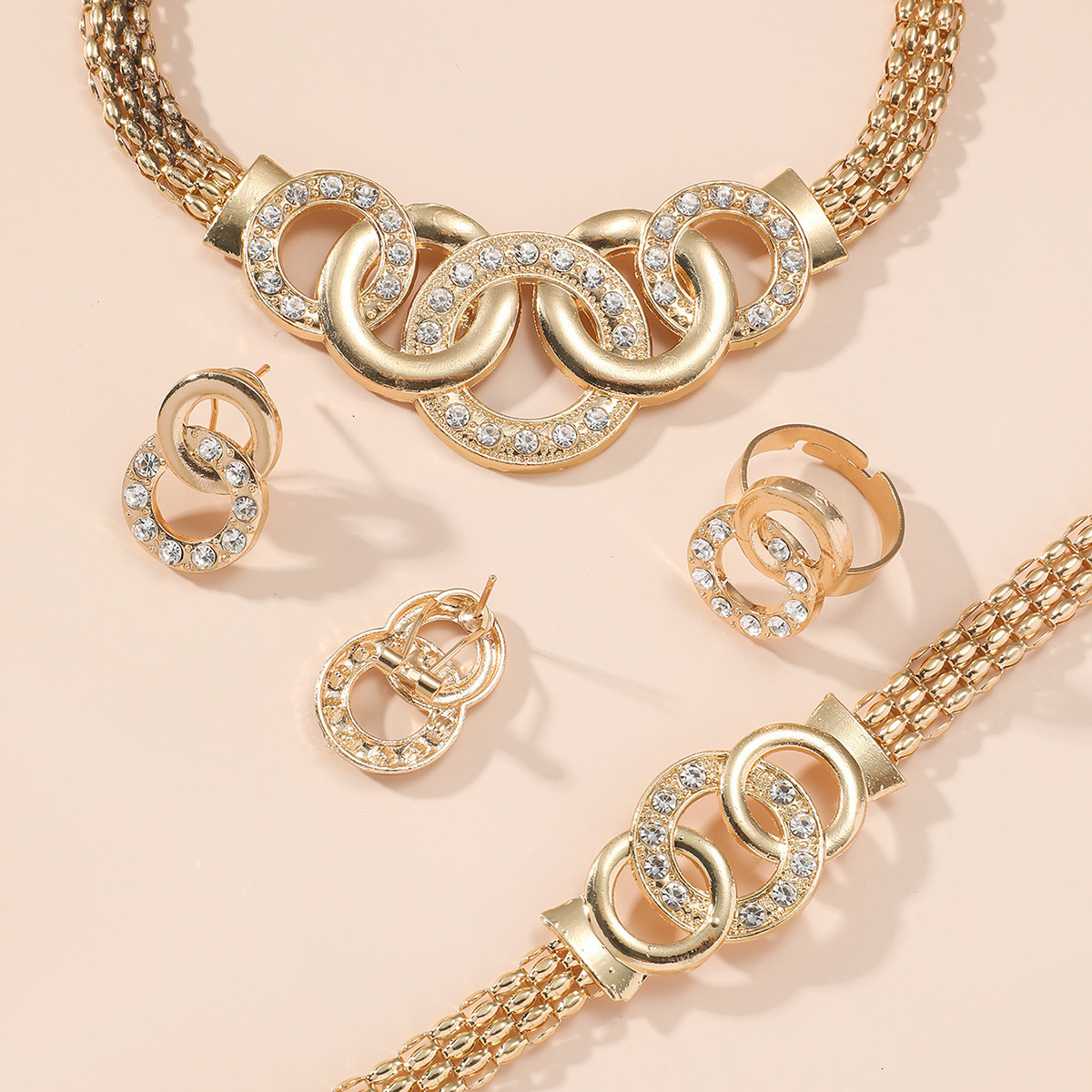 18K Gold Plated Interlocking Circle Rhinestone 4Pcs Jewelry Set Double Layer Snake Chain Women Necklace Earrings Bracelet Ring - view 4