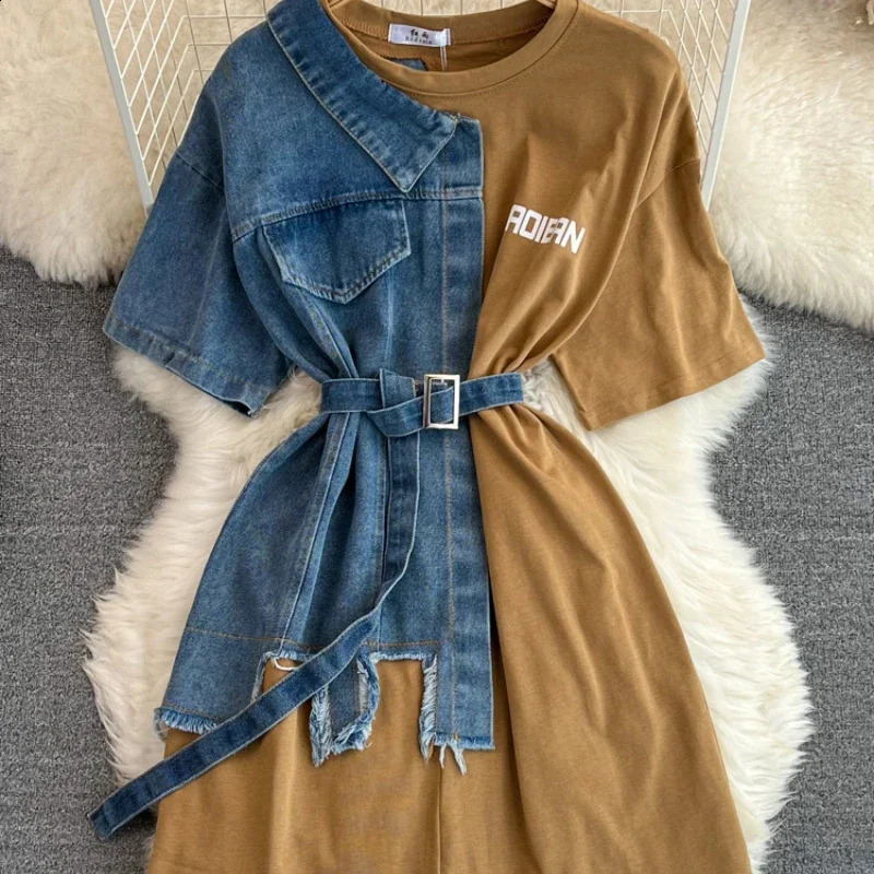 Harajuku Summer Womens Denim Patchwork Short Sleeve T-Shirts Tees O-neck Loose Contrast Color Jeans Tees Belted Jumpers Tops 260626 - view 4