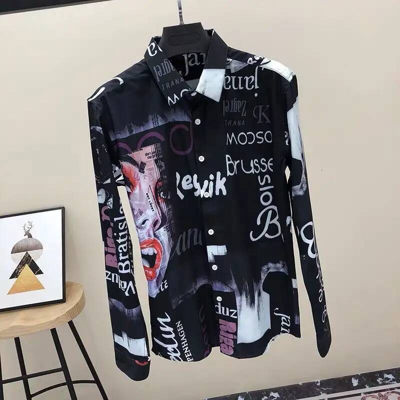 Men's Casual Shirts Polo Spring Autumn New Turn-Down Collar Fashion Long Sleeve Shirt Man High Street Casual Loose Button Cardigan Letter Printin - view 6