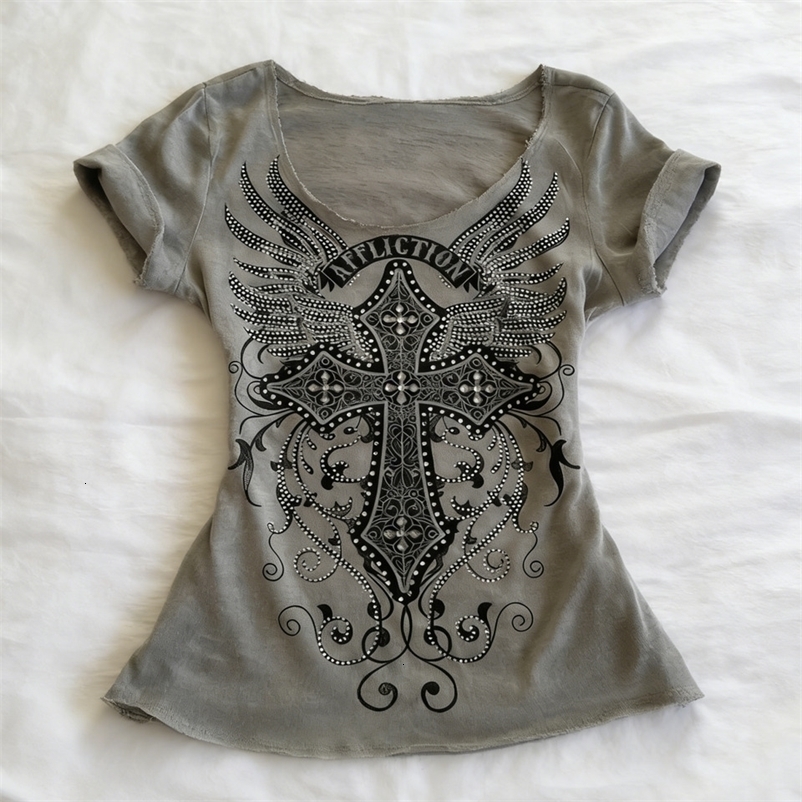Grey Gothic Tee Women Wing Detail Raw Edge Neck Hem Y2K Aesthetic Streetwear 260625 - view 6
