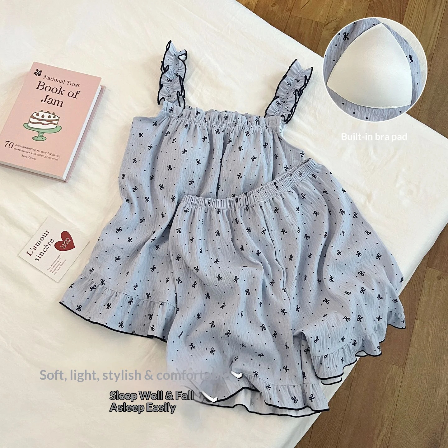 Summer Sweet Polka Dot Bow Strapless Shorts Pajamas for Women with Padded Cups Cute and Casual Set Teen Girls 260625