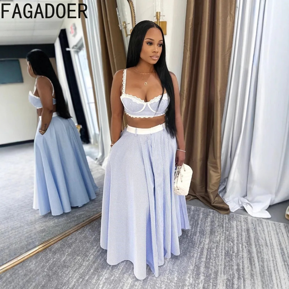 FAGADOER Elegant Lace Patchwork 2 Pieces Set for Woman Spaghetti Strap Stripes Camisole and Skirt Female Streetwear Vestidos 260625 - view 4