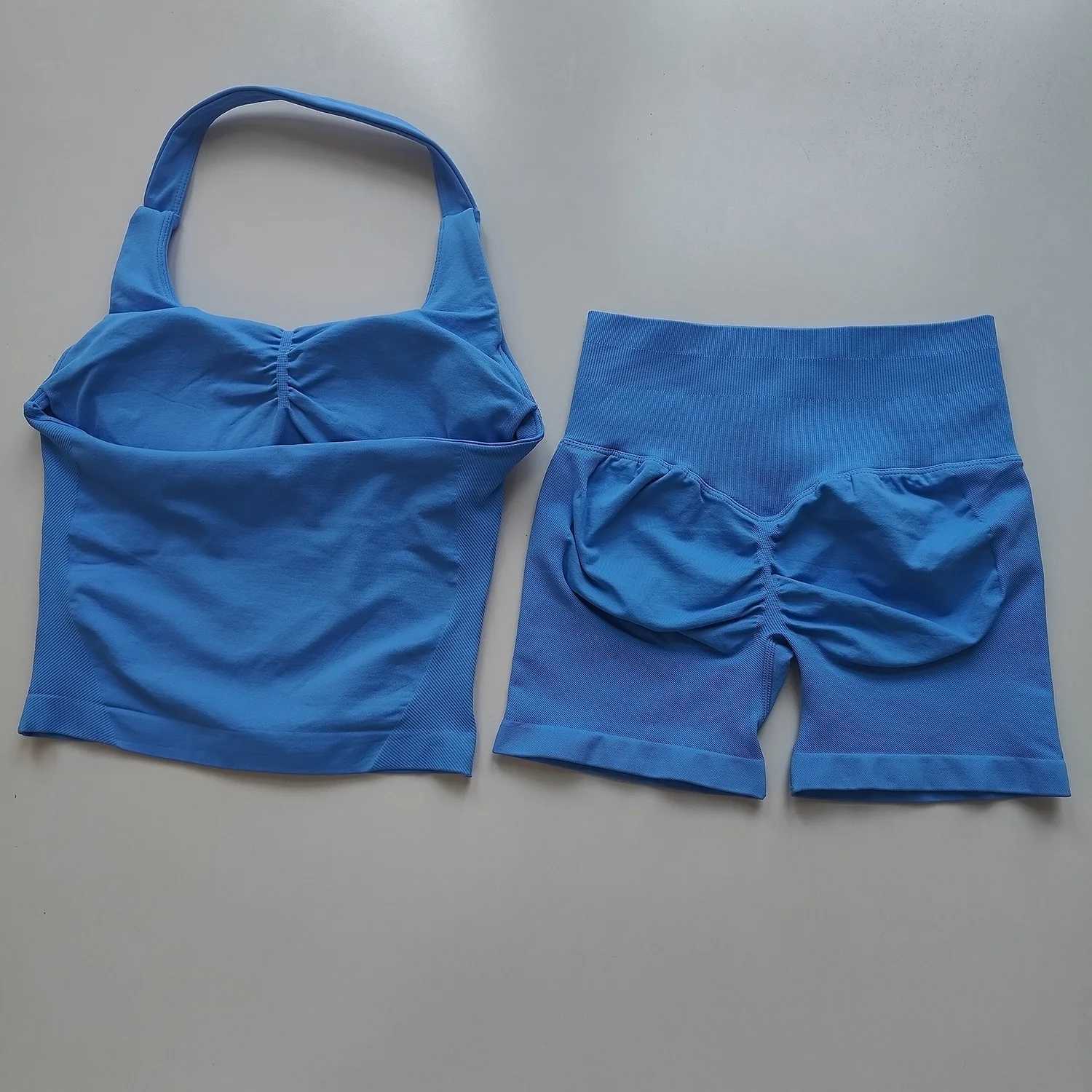 Set 2 Pieces Women Sports Backless Halter Tops High Waist Seamless High Stretch Bras Shorts Gym Suit Sportswear Workout Sets M260626 - view 6