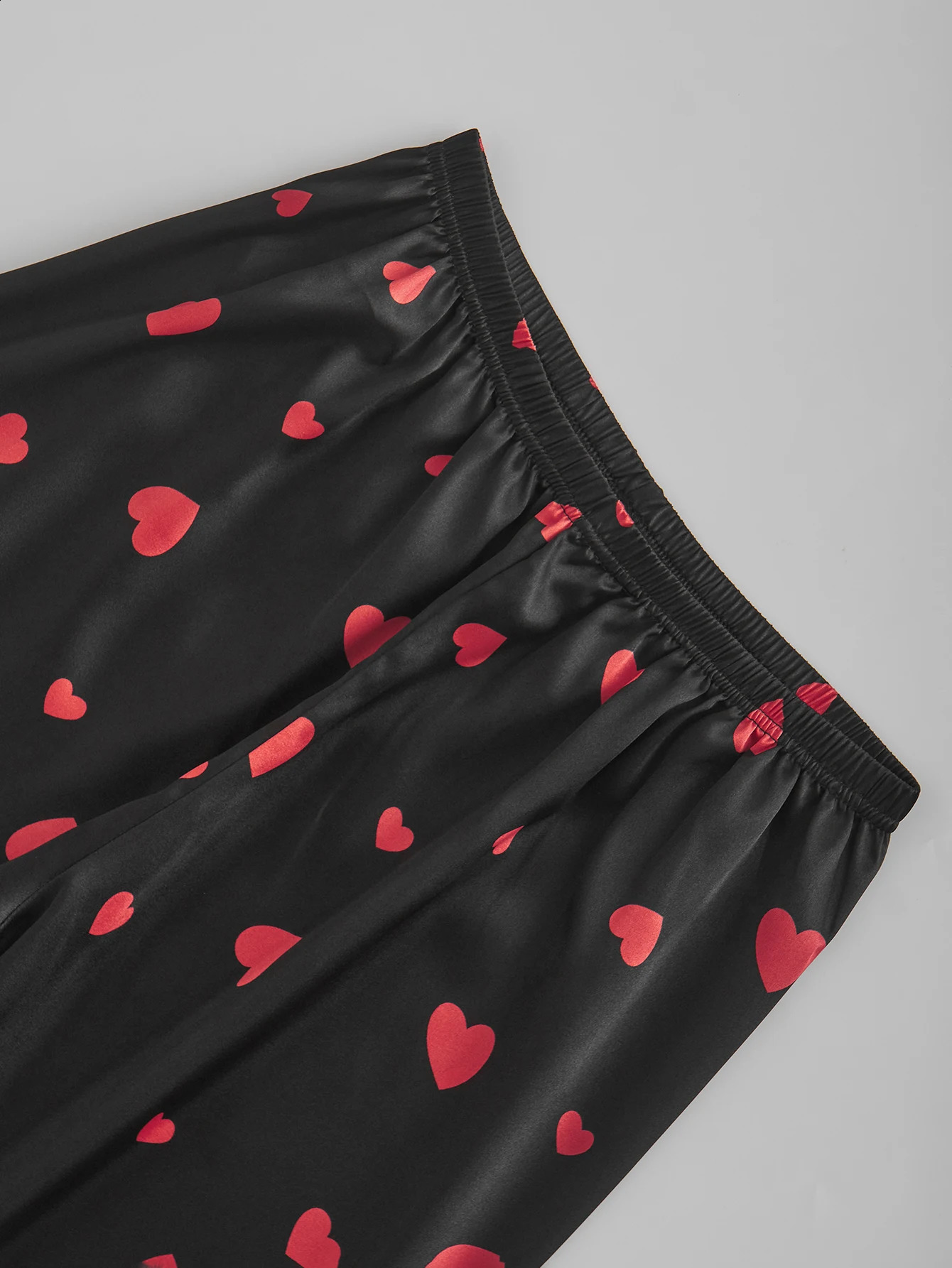 Womens Satin Silk Pajama Set Black Red Heart Print Short Sleeve Long Pants 2 Piece Loungewear Button Down Sleepwear 260625 - view 6