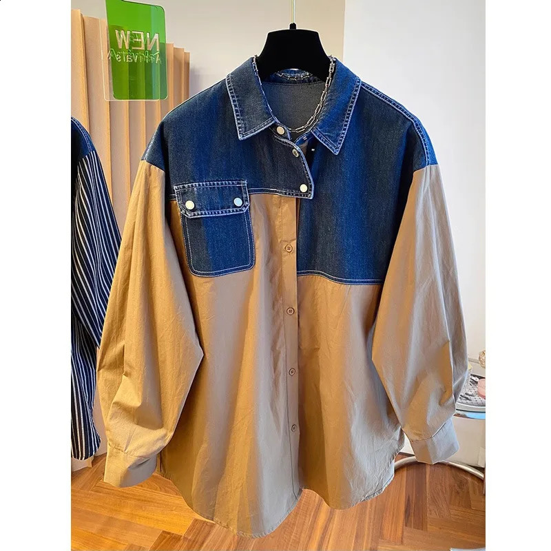 SuperAen 2026 Spring n Oversize Denim Patchwork Stripe Long-Sleeved Shirt for Women Fashion Casual Shirts 260626 - view 3