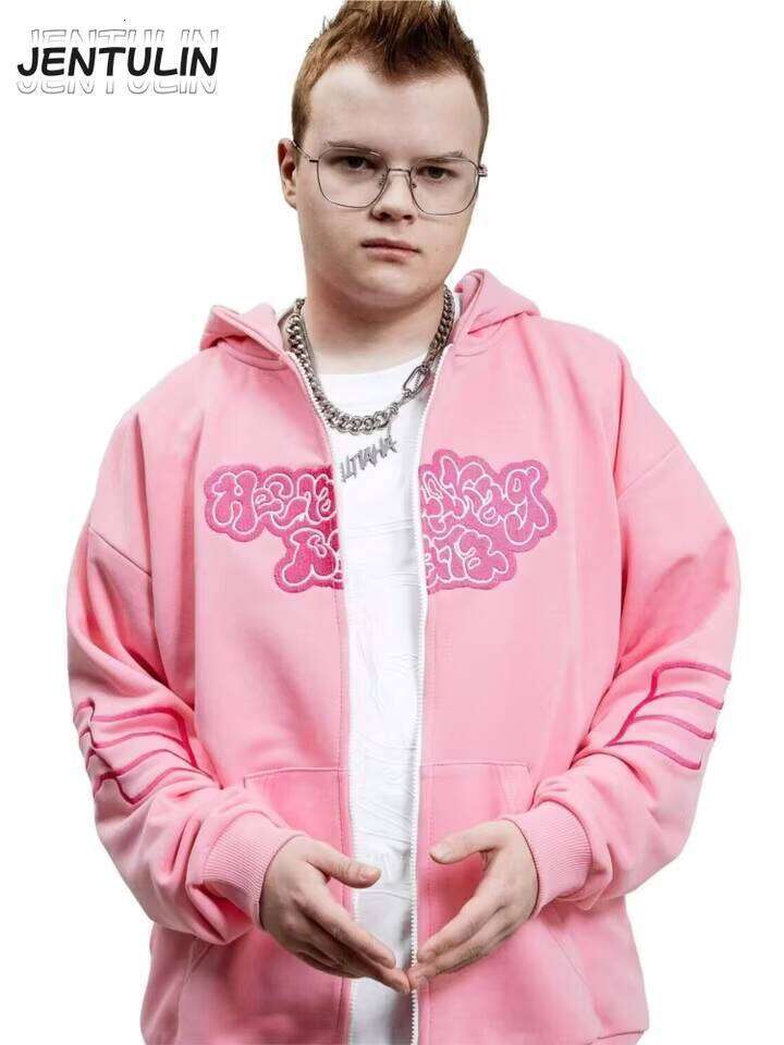 Y2K Retro zip up Hoodie Men Embroidery Pink Zipper Sweatshirt Cartoon Hiphop Streetwear Oversize Korean Graphic Jacket Goth W260626 - view 4