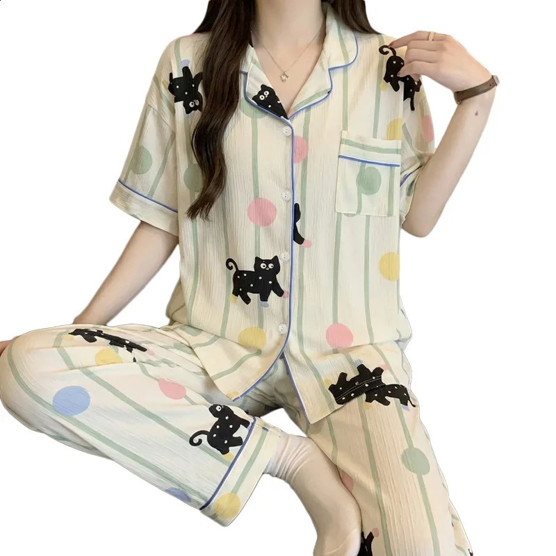 Cute Strip Dot Cat Print Satin Pajamas Set Short Sleeve Buttons Lapel Top Elastic Pants Sleepwear Summer 260625 - view 5