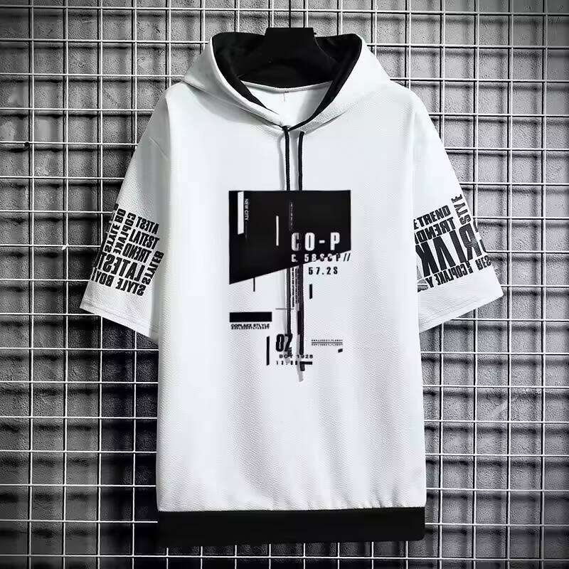 New Korean Style Men's Fashion Streetwear Half Sleeve Hooded Sweatshirts Casual Harajuku Prints Men Clothing Hoodies W260626 - view 7