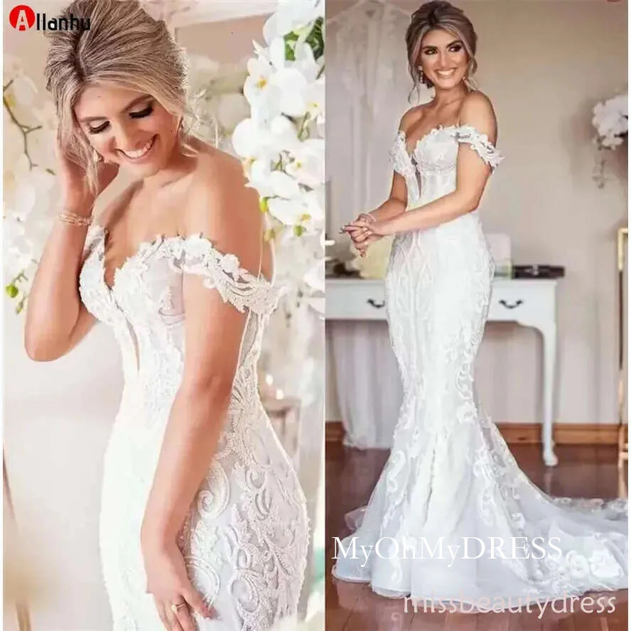 Lace Wedding Designer Dress Plus Size Mermaid Bridal Gowns Vintage Appliqued Off The Shoulder Sexy Lady Marriage Dresses Arabic Aso Ebi White Ivory Cr