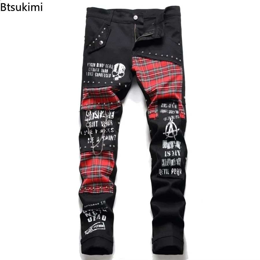 2026 Mens Y2K Gothic Ripped Skinny Jeans Punk Rivet Patch Black Denim Pants Skull Letters Printed Slim Straight Trousers Male 260625