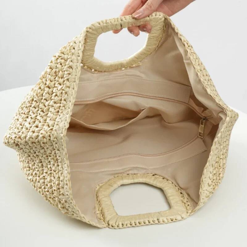 Casual Rattan Woven Handbag Large Capacity Designer Women's Straw Summer Half-Moon Beach Tote Shopping Bag - view 4