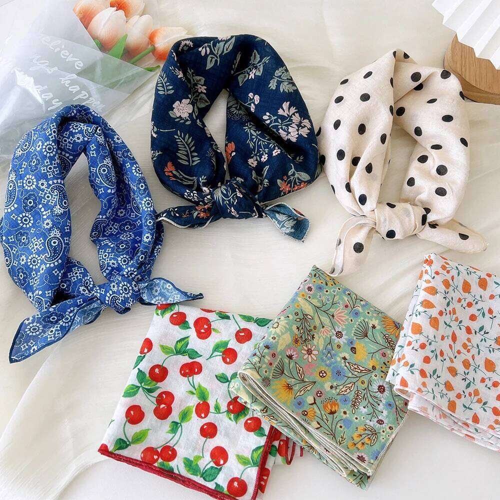55cm Cotton Linen Square Cherry Floral Print Neck Tie Scarf Headkerchief Female Foulard Head scarf Women Hijab Bandanas 26Y06226 - view 4