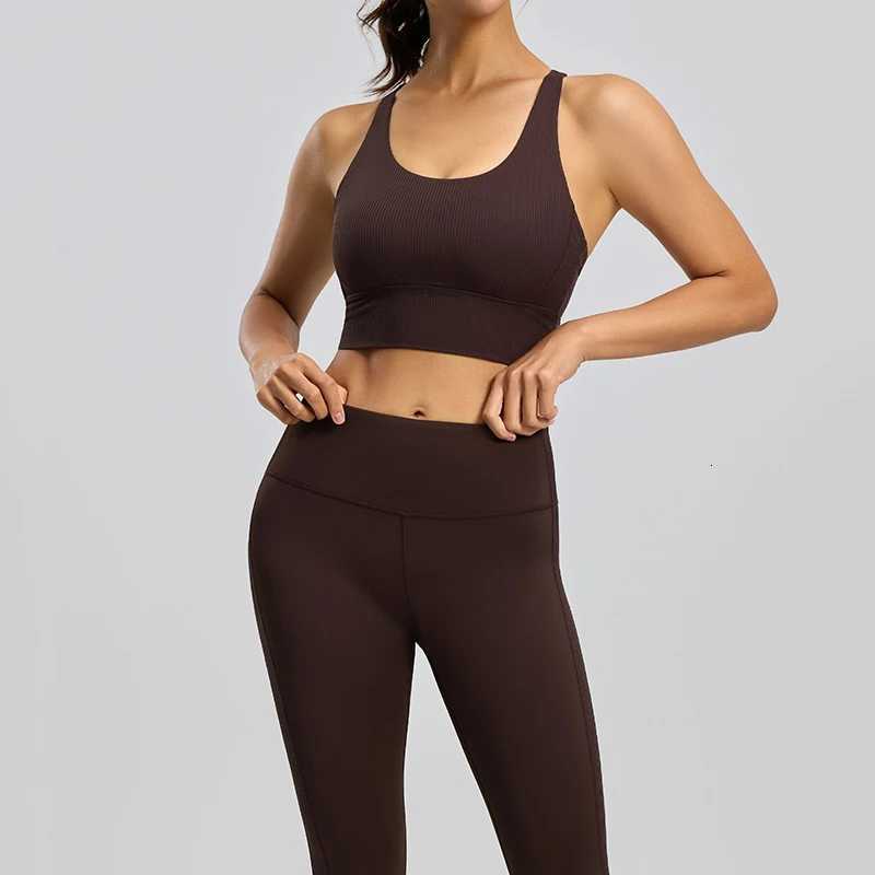 Cross Women Ribbed Yoga Set High Waist Leggings 2 Piece Yoga Set Tummy Control Butt Lifting Moisture Wicking Gym Set M260626 - view 5