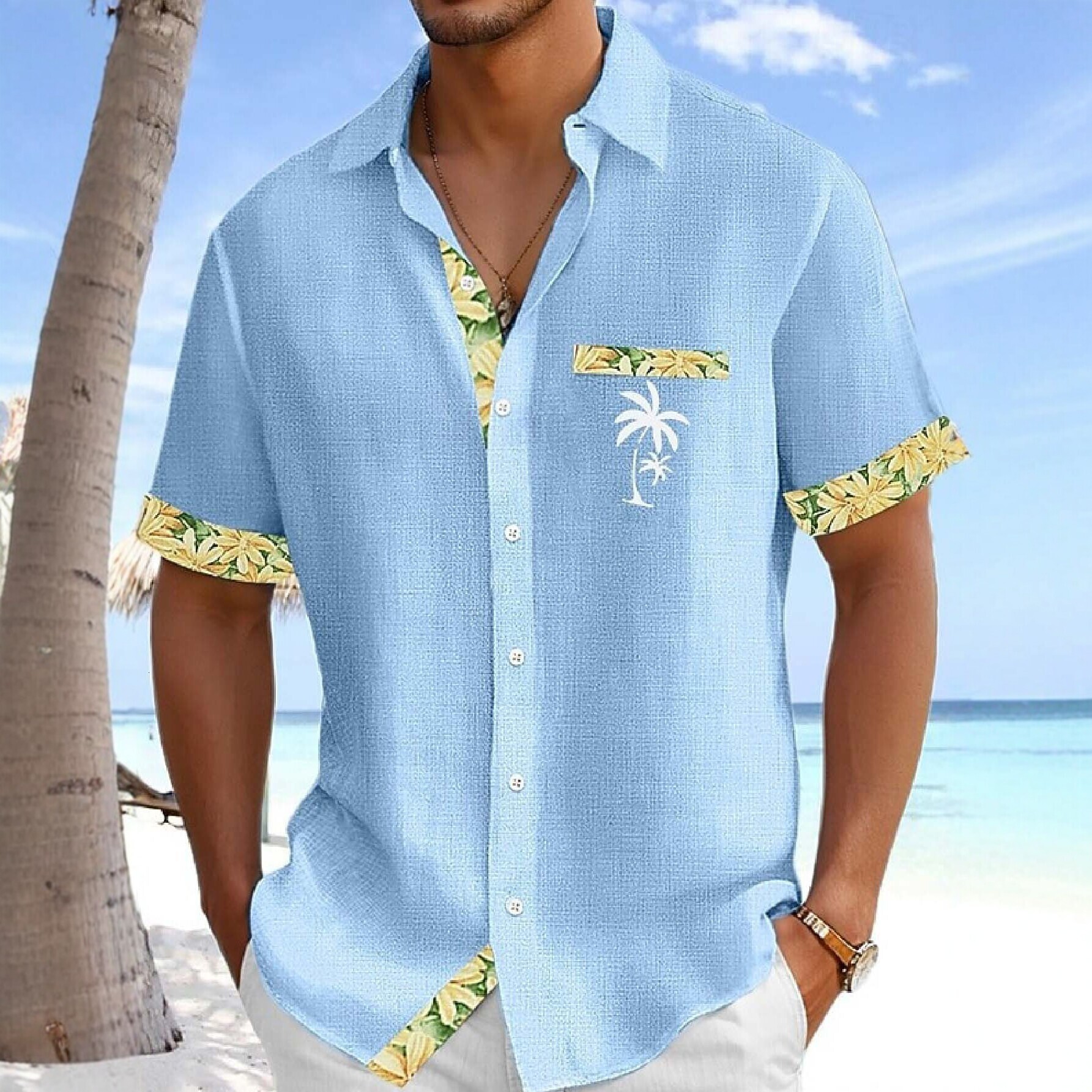 European American Style Refreshing Island-Style Men's Short-Sleeve Shirt With Plumeria Trim, - view 3