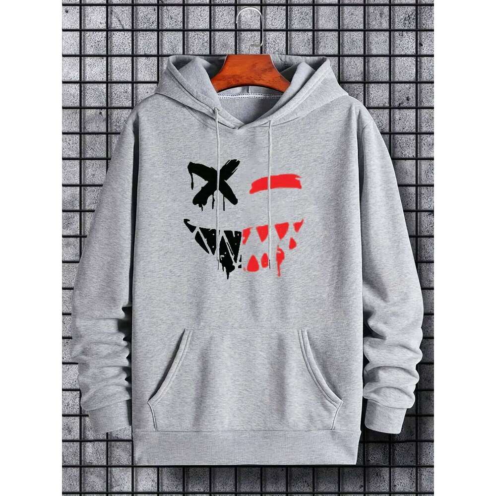 Men's open toothed smile print design hooded sweatshirt is comfortable loose suitable for casual wear and outdoor activities W260626 - view 6