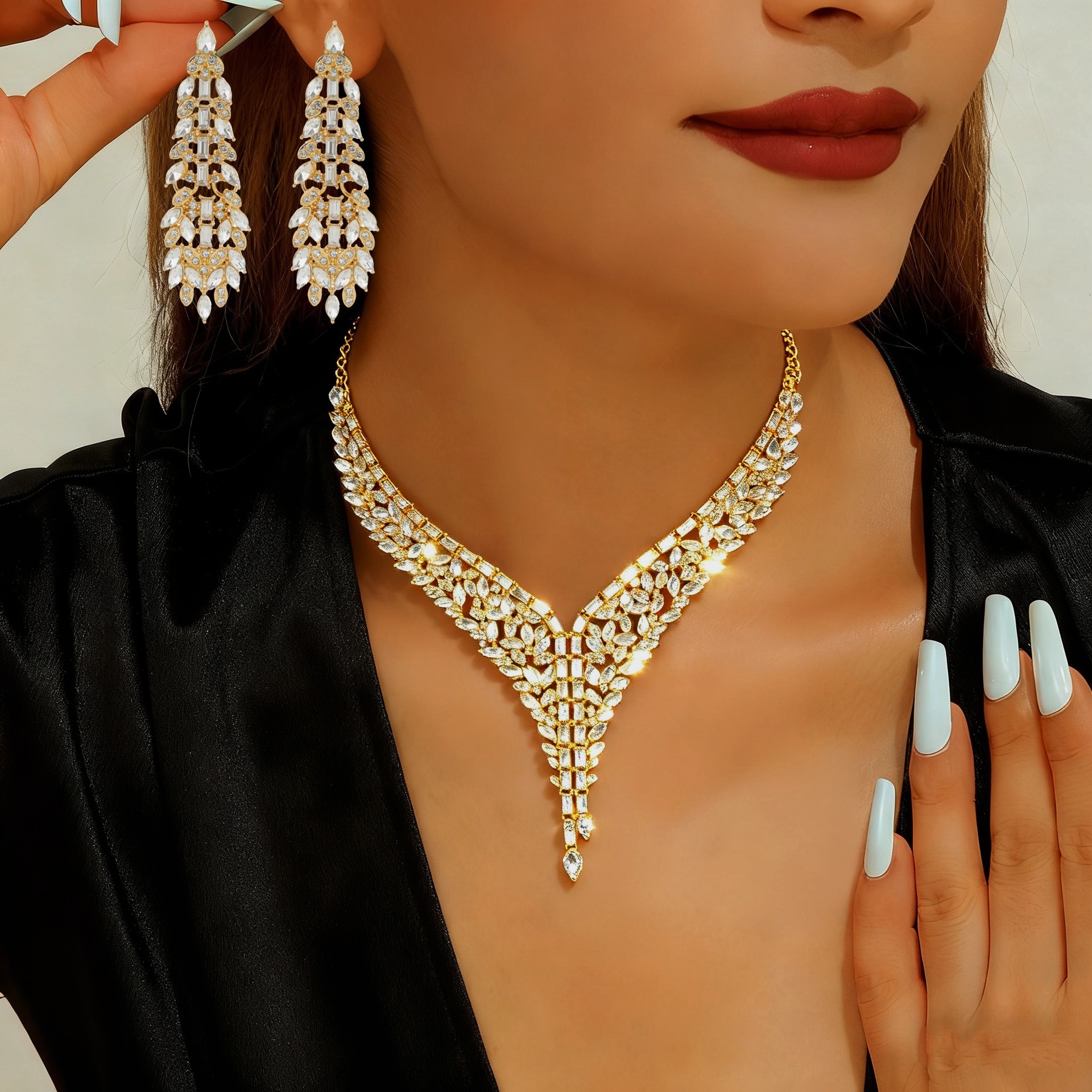 18K Gold Plated Full Zircon 2Pcs Jewelry Set V Tassel Bib Necklace Water Drop Long Dangle Earrings For Women