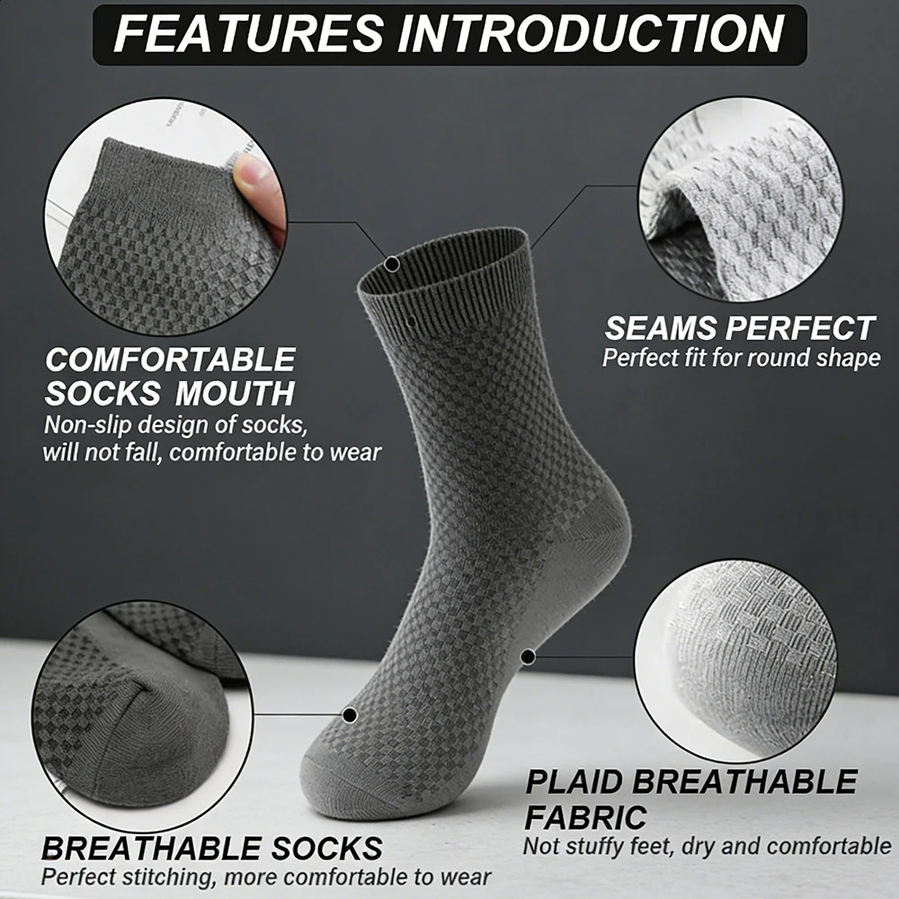 5 Paris Mens Bamboo Fiber Plaid MidCalf Socks Business Casual All Season Black Formal Wedding Dress Long Man Gift 260625BJ - view 4