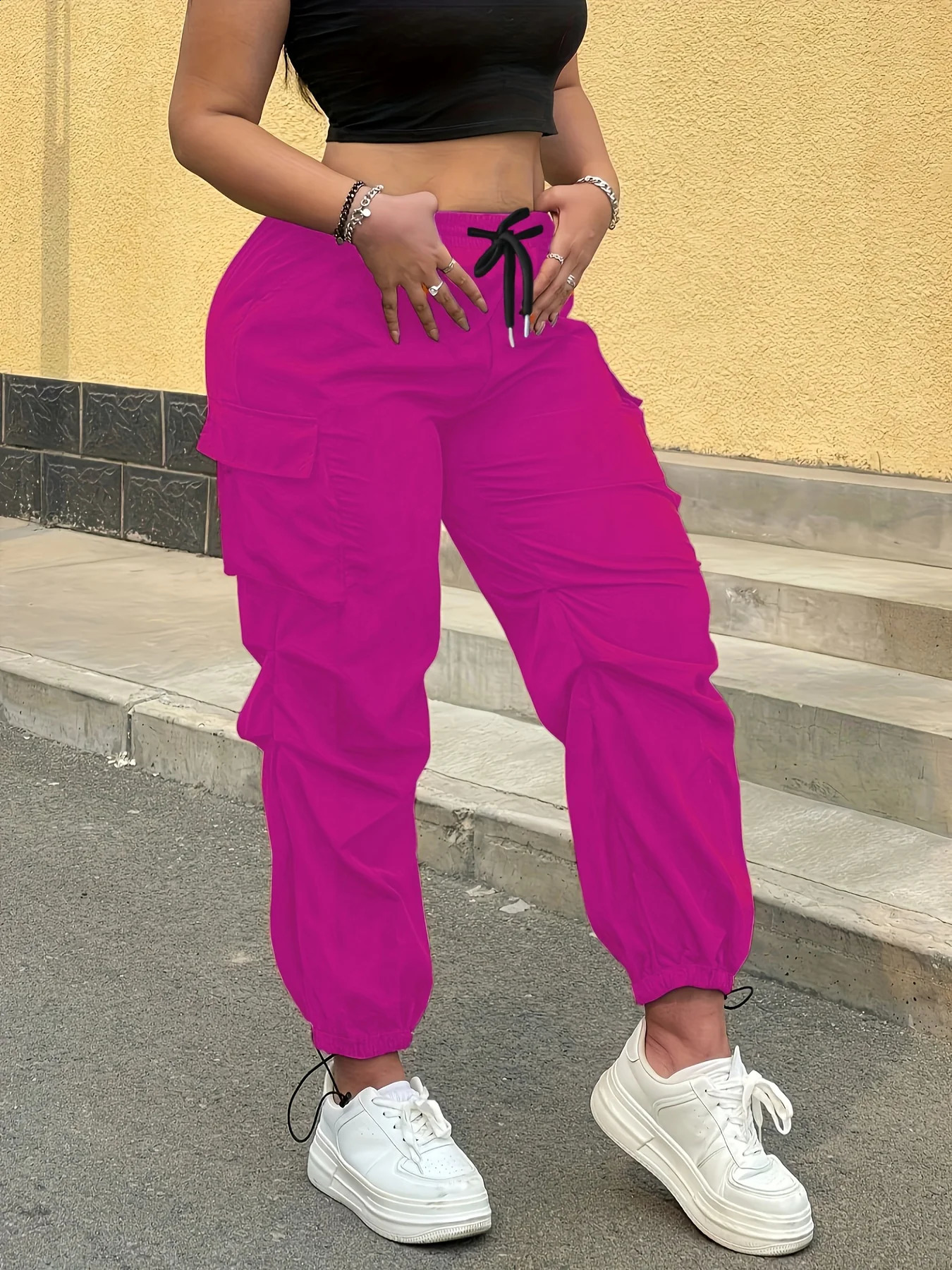 Womens Casual Streetwear Pink Cargo Pants Loose Drawstring Waist Jogger Trousers Plus Size Trendy Spring Summer Fashionable 260625 - view 4