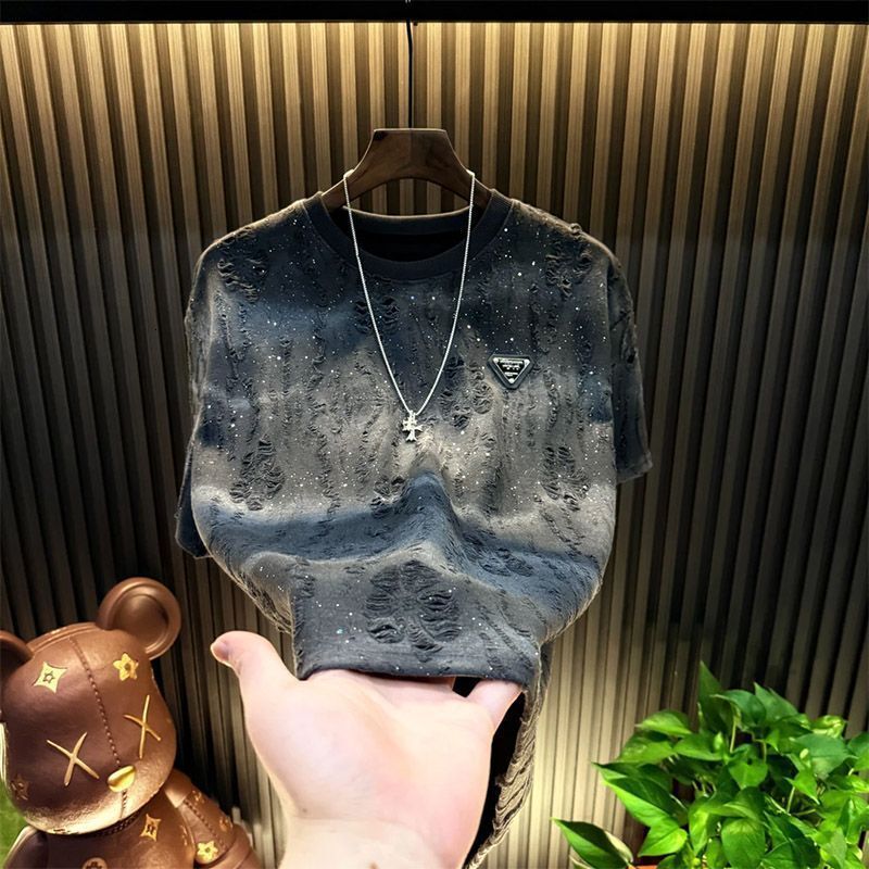 Ripped Starry Men's Short 2026 Light Luxury Hot-Selling New Trendy Round Neck T-Shirt Half Sleeve Top - view 6