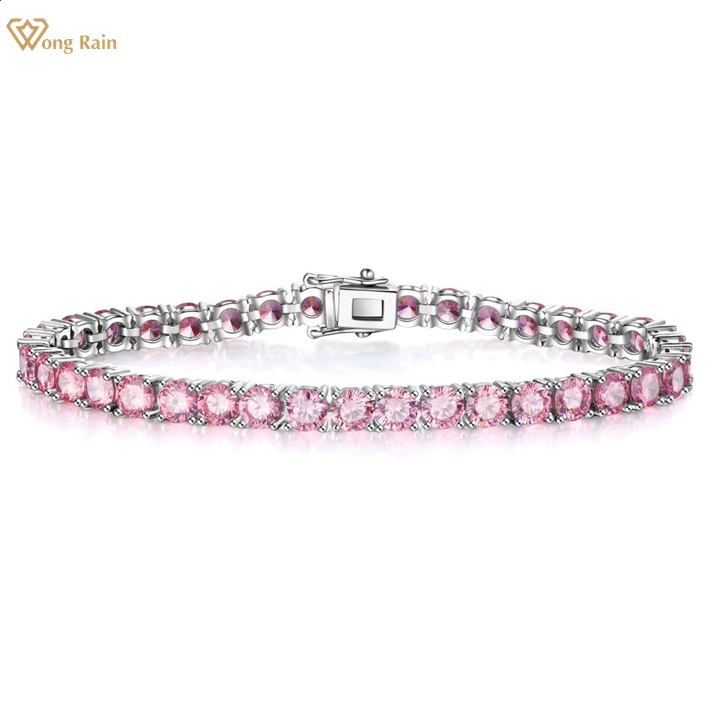 Wong Rain Solid 925 Sterling Silver 5MM Lab Pink Sapphire High Carbon Diamonds Gemstone Tennis Chain Bracelets Fine Jewelry 260626