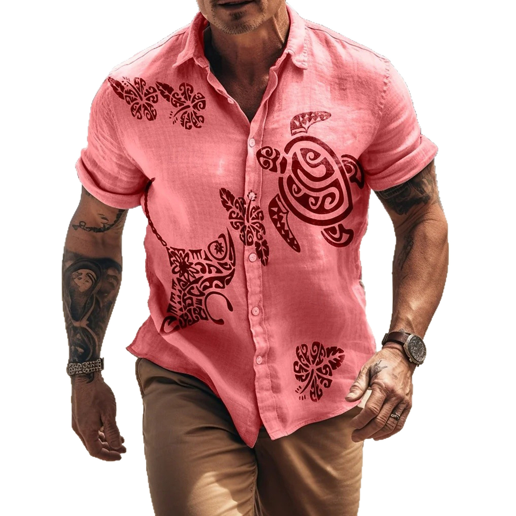 Pink Linen Polynesian Turtle Floral Print Collared Men's Beach Short-Sleeve Shirt In Stock - view 6