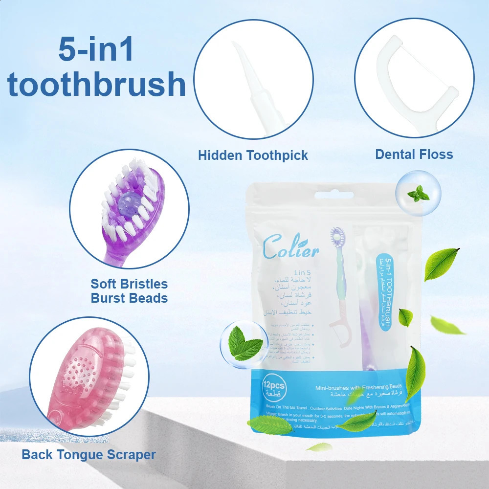 48pcs Portable Travel Toothbrush Mini Exploded Bead Toothpaste Floss Toothpick Tongue Scraper 5in1 Oral Care Tools 260615 - view 3