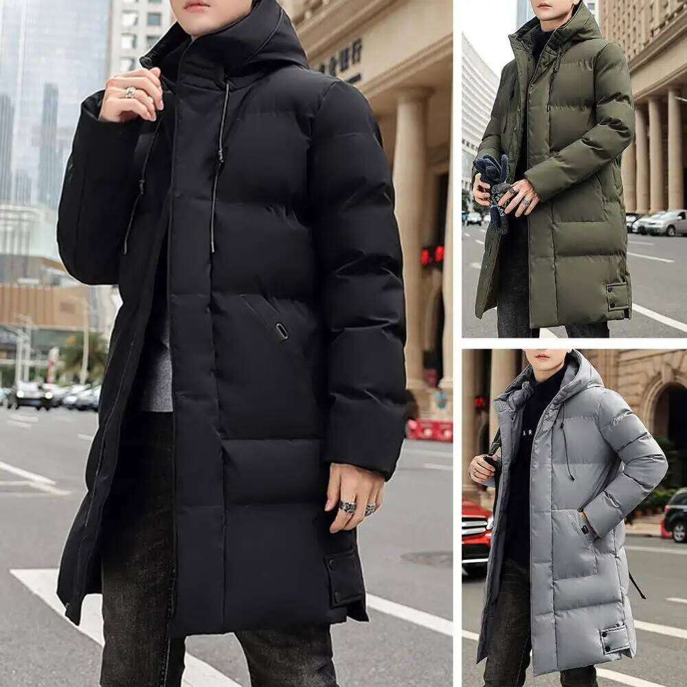 Down Hooded Thickened Solid Color Padded Cardigan Keep Warm Midi Length Zip Up Plus Size Men Winter Coat for Daily J260626