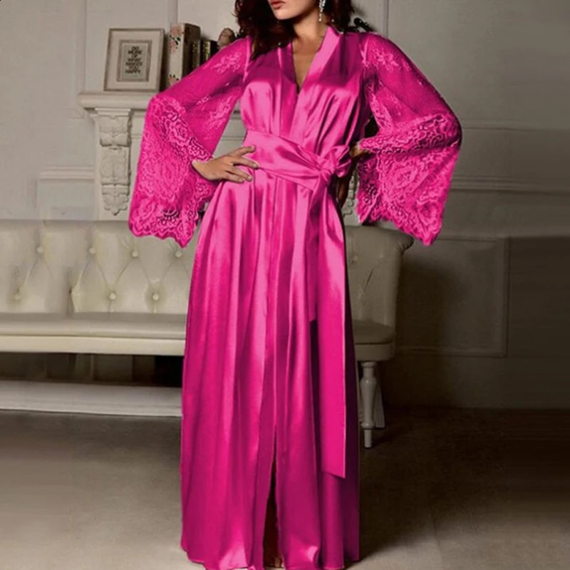 Womens Nightdress Sexy Long Lace Lingerie Nightwear Bath Robe Gown Ice Silk Nightdress Solid Color Nightgown260622 - view 5