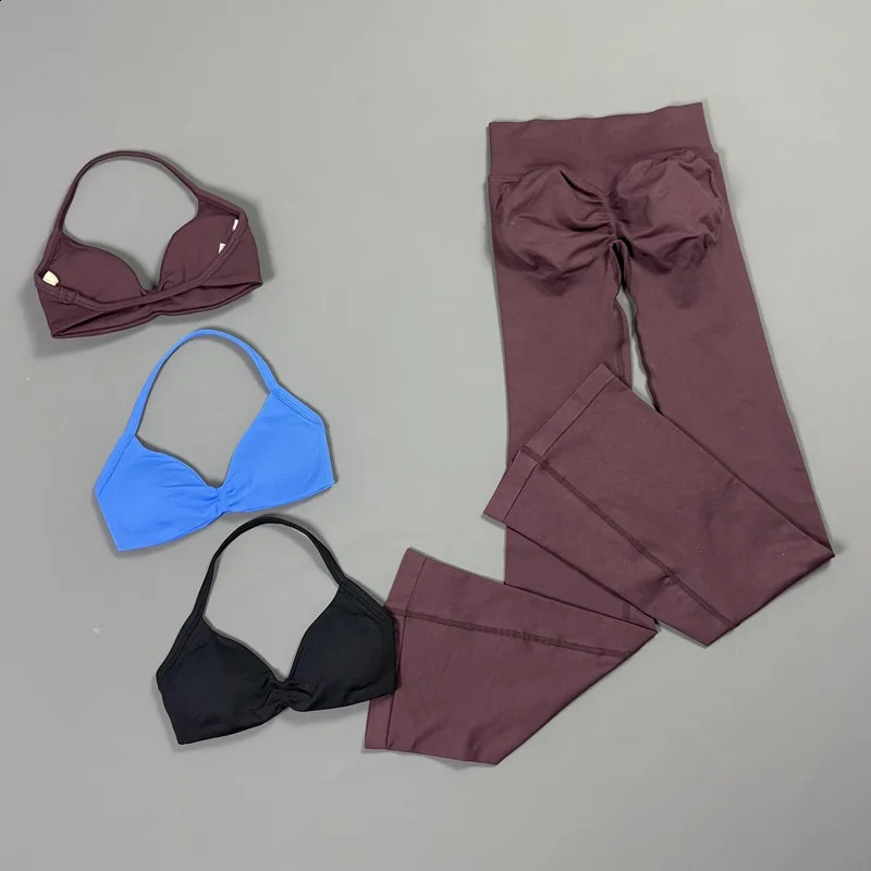 2Pcs HISTELLO Bell Bottom Leggings Set Women Halter Neck Sports Bra Seamless Booty Lift Yoga Pant Tummy Control Gym Workout Sets 260626 - view 3