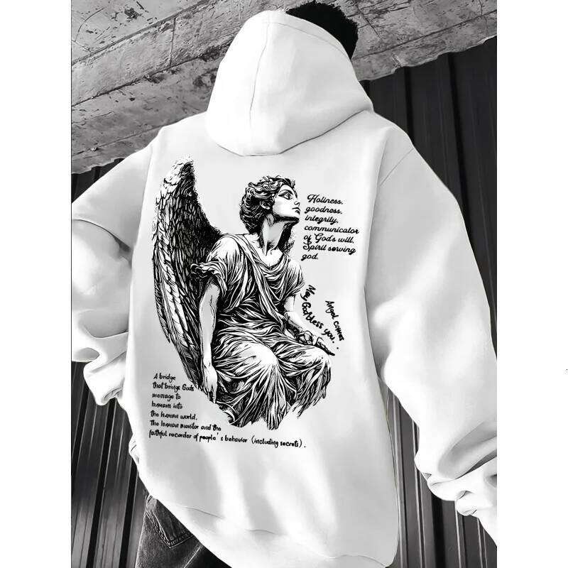 Men's Fashion Angel Print Street Retro Hooded Sweatshirt, Long-sleeved pullover shirt, Slightly elastic, W260626