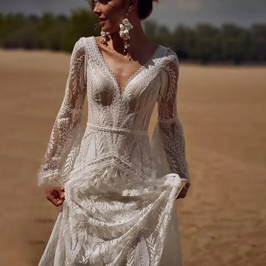 Retro Hippie Cowgirl Country Style Bohemian Lace Wedding Dress With Tassel Flare Long Sleeves Sexy V Neck Backless Bridal Gown Elegant Robe De Mariee - view 5