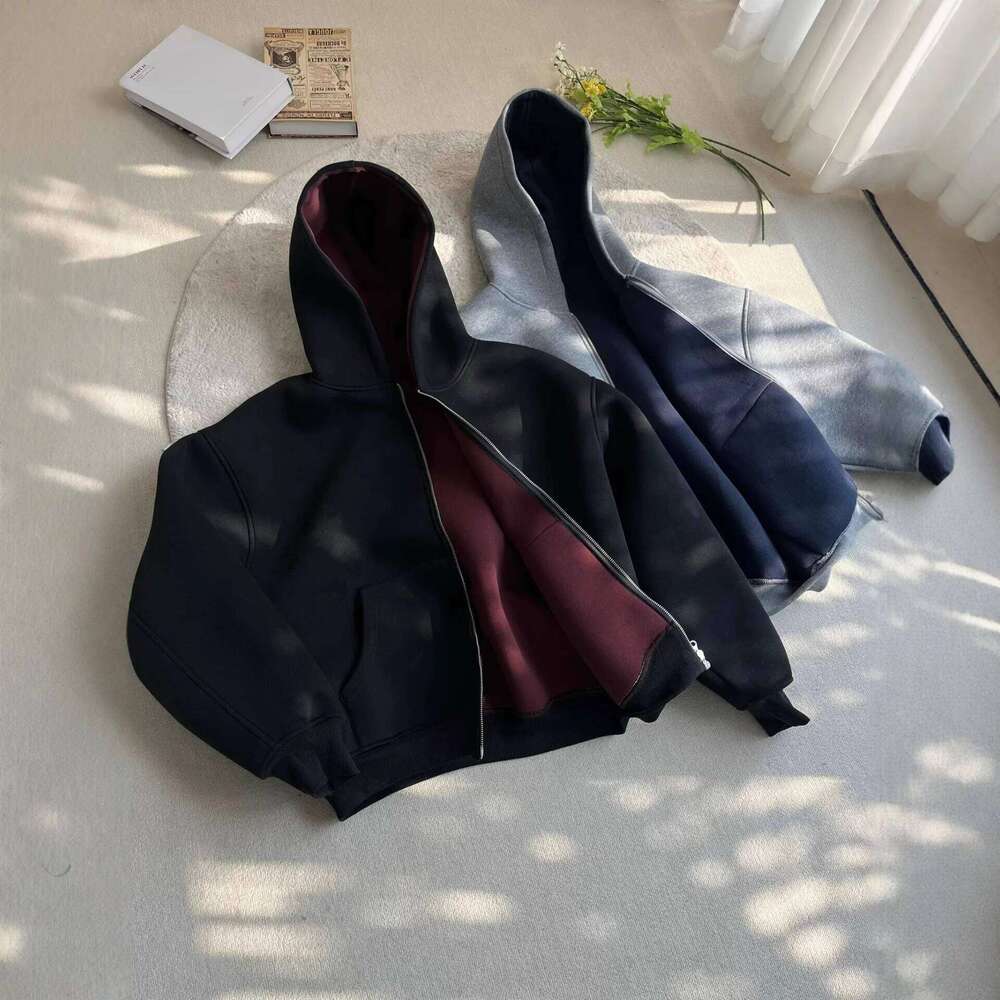 Mens 1200G Air Layer Hoodie Jacket Double Sided Zipper Cardigan Casual Korean Version Heavyweight y2k hoodie Hooded sweatshirt W260626