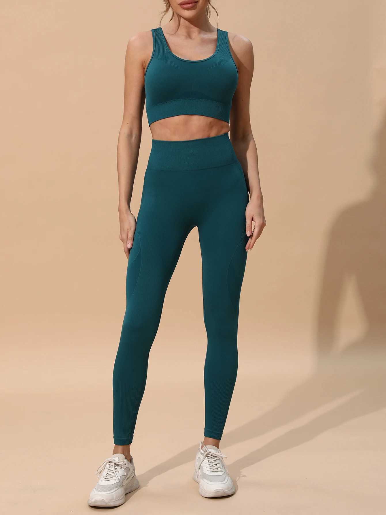 Set Seamless Workout Teal Green Women RacerSports Bra Butt Lifting High Waist Leggings 2Pcs Gym Yoga Pilates Outfits M260626 - view 4
