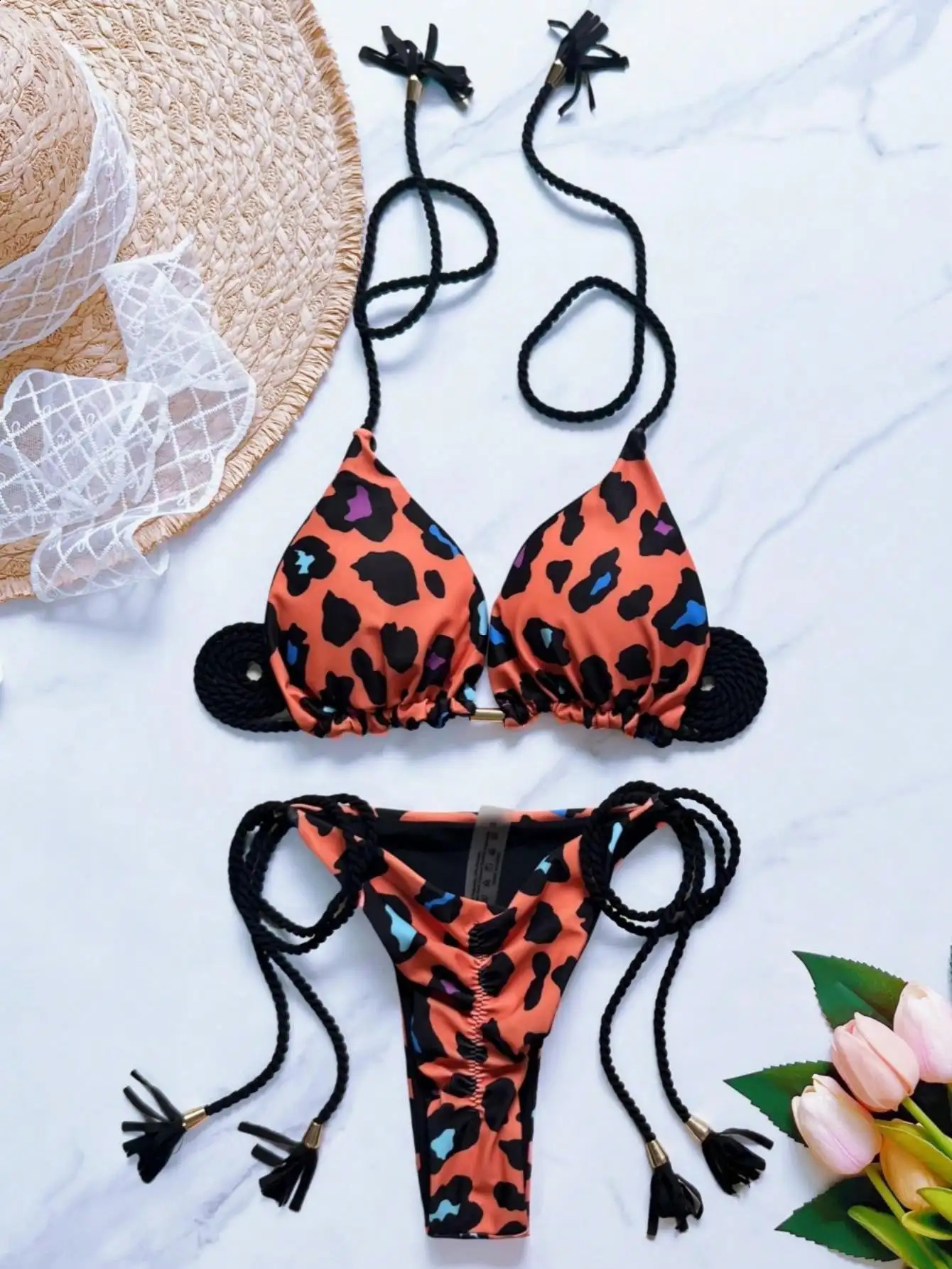 2026 Sexy Women Swimsuit Leopard Print Bikini Set Triangle Braiding Rope Bathing Suit Halter Swimwear Bandage Brazilian Biquinis 260625 - view 4