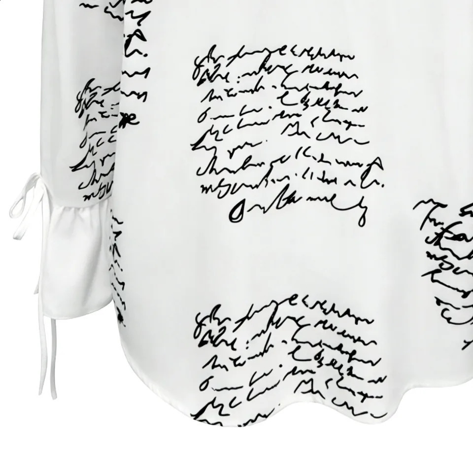 Womens White Script Print Button Down Shirt - Casual Tie Cuff Long Sleeve Blouse for Office Street Style 260626 - view 6