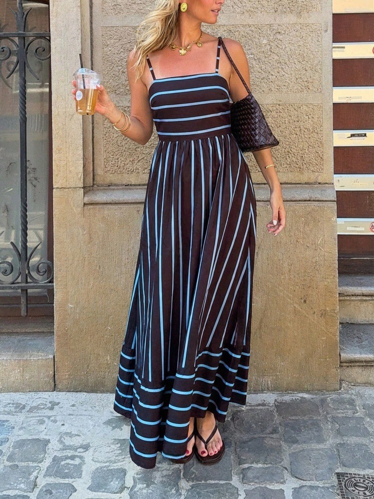 New womens French-style resort-style long dress with striped straps casual vacation dress - view 9