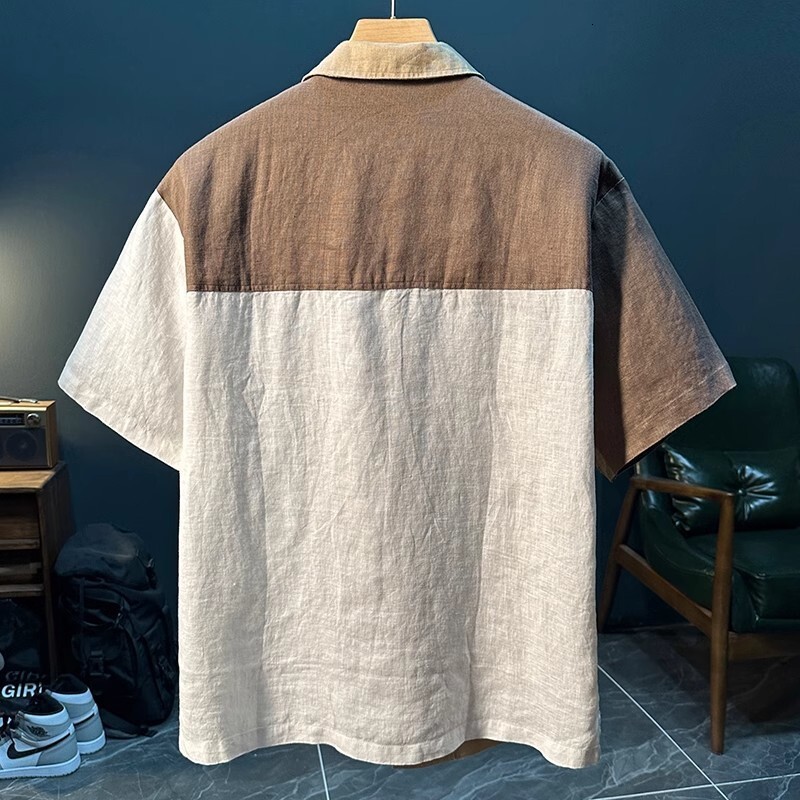 Two-Tone Linen Shirt, New Men's Summer Loose Casual Patchwork Top, Japanese-Style Thin Trendy Short-Sleeve Shirt - view 5