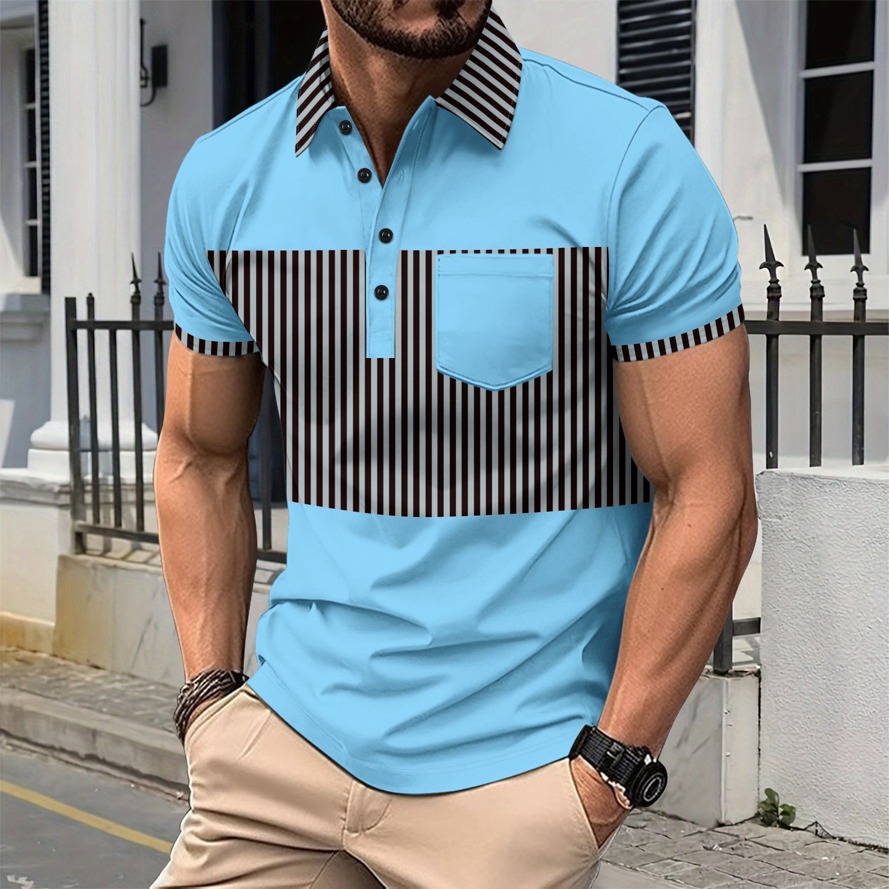 New Men's Casual Polo Shirt With Chest Pocket, V-Neck, Buttoned Stripes, Versatile T-Shirt - view 5