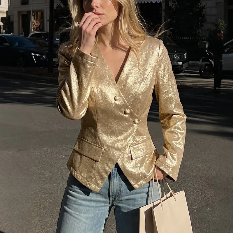 Womens Gold Wrap Blazer V Neck Pearl Button Long Sleeve Elegant Party Jacket 2026 260625 - view 4