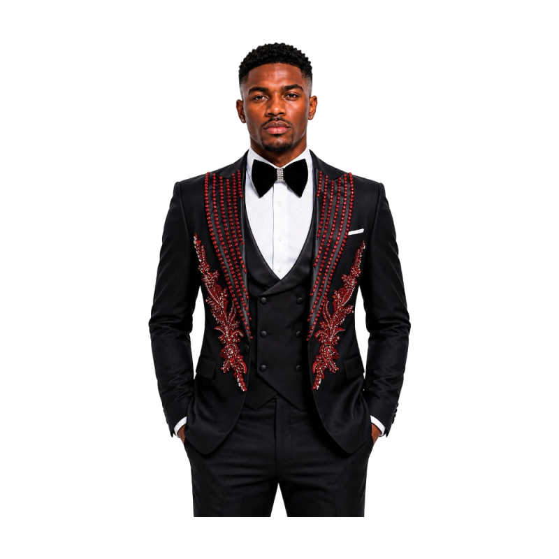 Handsome Wedding Mens Suits 3 Pieces Blazer Pants Vest Peaked Lapel Diamond Beading Party Prom Customized trajes de hombre - view 8