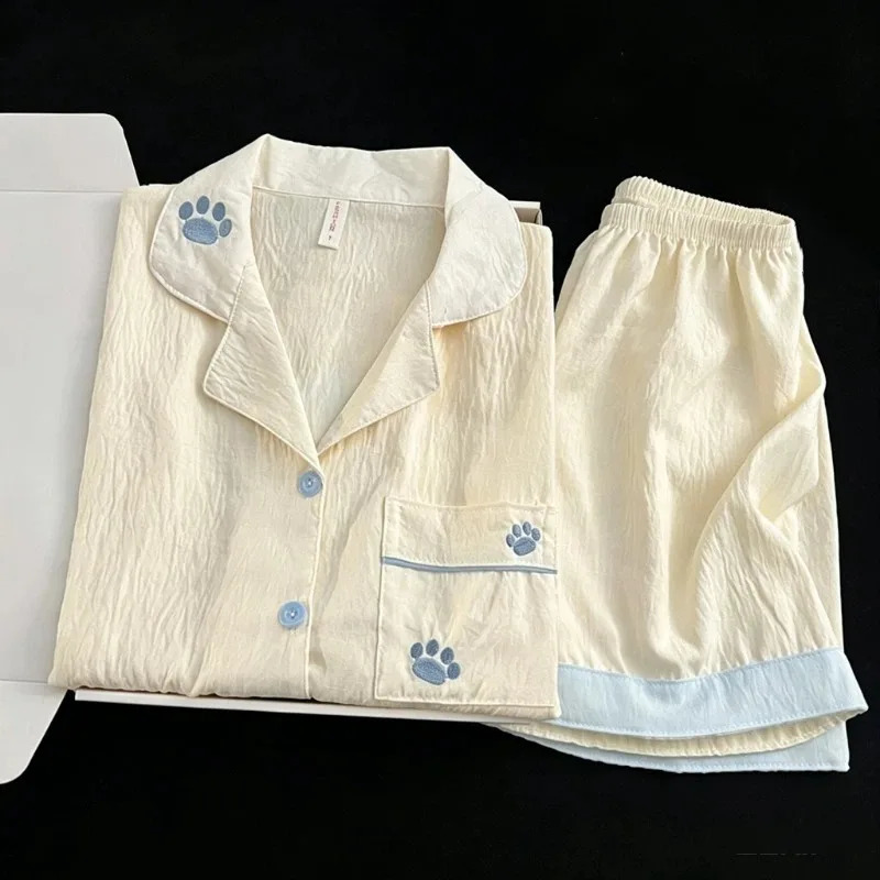 Harajuku Style Cute Embroidery Paw Womens Pajamas Set Short Sleeve Top Shorts Summer Sleepwear Soft Kawaii Loungewear 260625 - view 5
