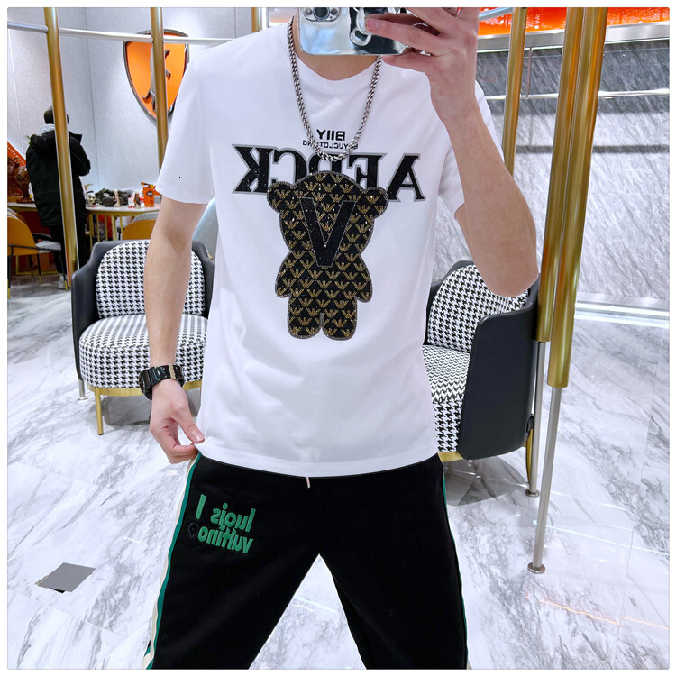 Summer New Round Neck Short Sleeve Slim Fit Bear Embellished Fashionable Men's T-Shirt - view 4
