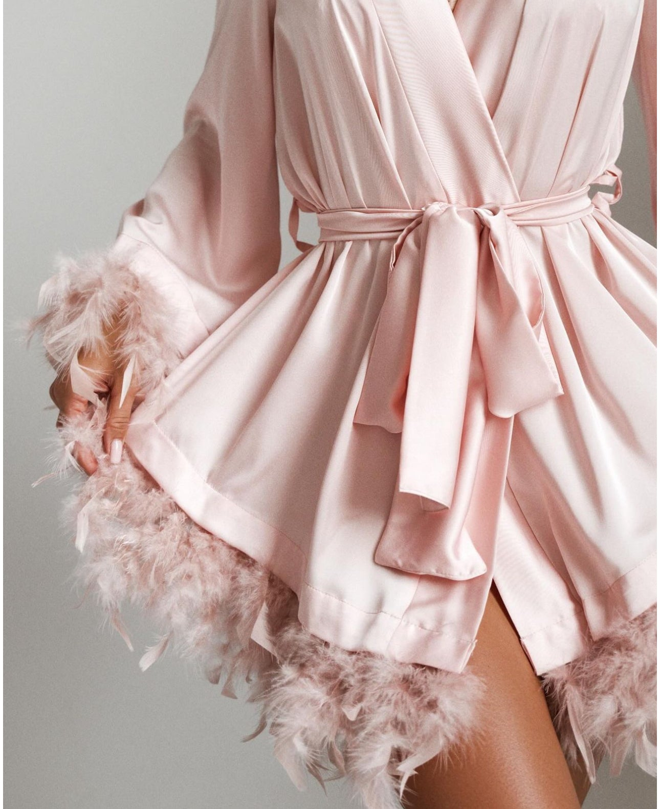 Modern Satin Mini Robe Dress Feather Bath Gown Long Sleeves Pregnant Wedding Anniversary Bride Sleepwear Nightwear Custom Made - view 5