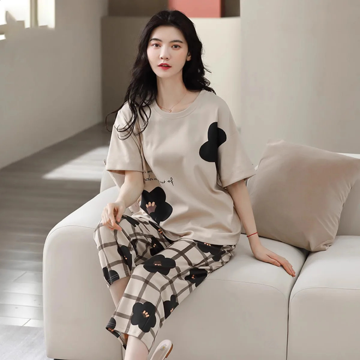 Womens Summer Pyjamas ShortSleeved Top and Cropped Trousers Plus Size BohoChic Checked Set Loungewear Underwear 260625 - view 3